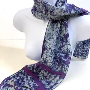 Hand-dyed Silk Scarf Stonewashed Crepe in Purple Geometrics 7 x 51 in. Hand-Painted Apparel, Silk Wrap, One-of-a-Kind, Collacloth