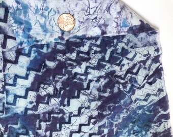 Hand-dyed Kona Cotton Fabric 14.5x18 Blue & Plum Zigzag Pattern. One-of-a-kind, Quilters Batik Cloth, Craft Material, Collacloth