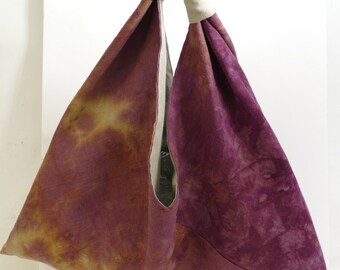 Hand-dyed Linen Reversible Japanese-Style Market Bag, Oatmeal, Mauve Starburst Pattern, Origami Tote, Bento Triangle Handbag, One-of-a-Kind