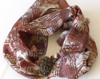 Hand-dyed Silk Habotai Scarf in a Rust, Brown, Lilac Medley 8 x 50 inches. Gift for Mom, Hand-Painted Apparel, Silk Wrap, One-of-a-Kind