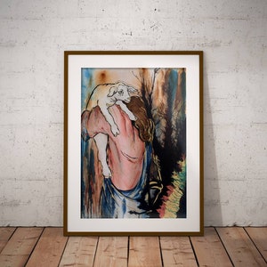 The Good Shepard | Original Christian Artwork Giclee Print | Katie DeCosa Studio | Jesus And Lost Lamb Sheep Painting Wall Art