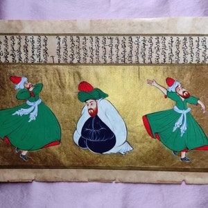 Original Ottoman Turkish Miniature Painting Art,Dervish,Miniature Painting on Old Paper,Whirling Dervish,Hand Painted,Home Deco,Old,.