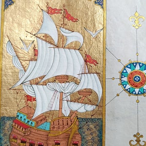 Miniature Art on Antique Paper, Ottoman Miniature,  Art on Old Page, Galleon Battleship , Gift, Deco