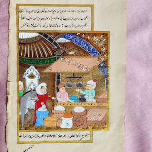 Ottoman Miniature Painting: Turkish Market Scene with Gold Leaf