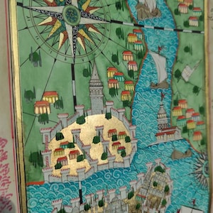 Ottoman Turkish Miniature Painting: Bosphorus Map with Gold Leaf