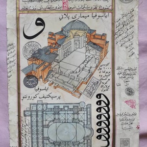 Può includere: Un'illustrazione vintage di Santa Sofia a Istanbul, Turchia. L'immagine mostra un disegno architettonico dettagliato dell'edificio, con testo in scrittura araba. Il testo dice "Ayasofya mimari plani" che si traduce in "piano architettonico di Santa Sofia".