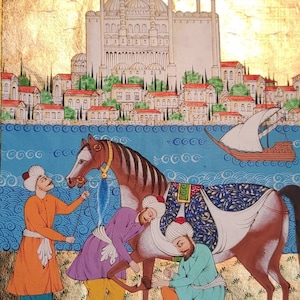 Ottoman Miniature Art: Sultanahmet Mosque, Blacksmith Scene on Antique Paper