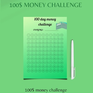 Könnte beinhalten: Ein grüner und weißer druckbarer 100-Tage-Geld-Challenge-Tracker mit einer Brieftaschenillustration. Der Tracker hat ein Raster mit 100 nummerierten Quadraten. Der Text "100 day money challenge" und "CHALLENGE:" ist auf dem Tracker gedruckt. Der Text "100$ money challenge" und "SHOP NOW" ist unter dem Tracker gedruckt.