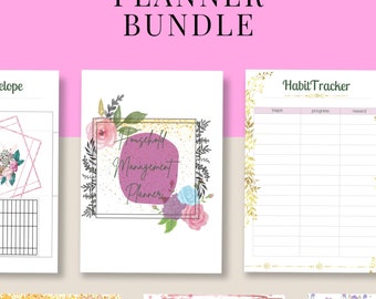 May include: A printable planner bundle with floral designs. The bundle includes a household management planner, a habit tracker, a cleaning log, and a password tracker. Each planner has a different floral design and a gold glitter background.