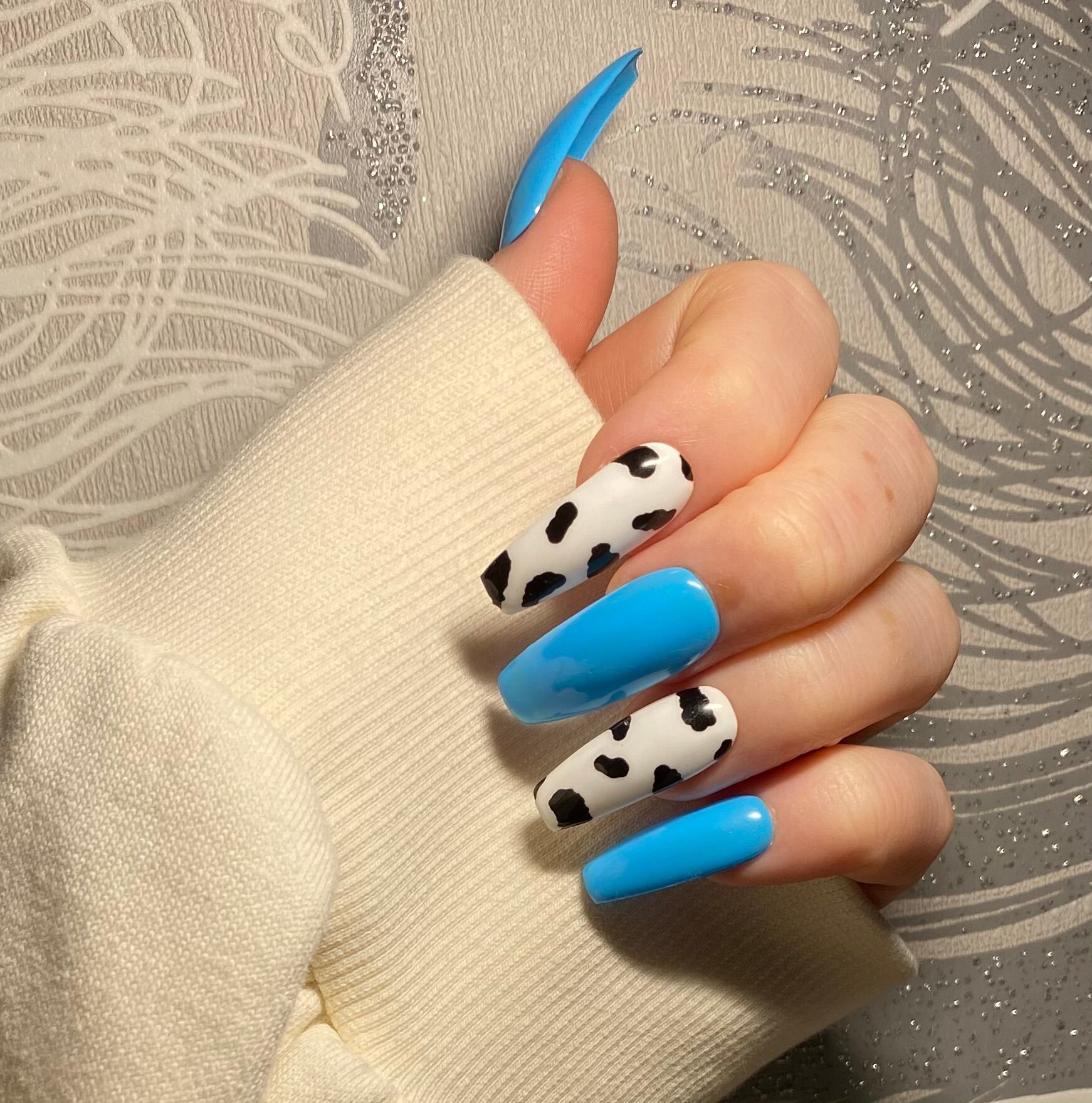 Blue cow print press on nails false nails gel nails coffin Etsy