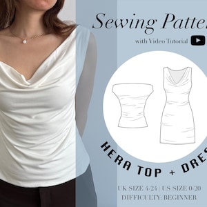 May include: A sewing pattern for a Hera top and dress. The image shows a woman wearing a white cowl neck top. The pattern includes a top and dress design, with UK sizes 4-24 and US sizes 0-20. Difficulty: beginner.