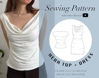HERA Cowl Neck Jersey Top + Dress Sewing Pattern (Stretch) | Size UK4-24 US0-20 | (Video Tutorial)