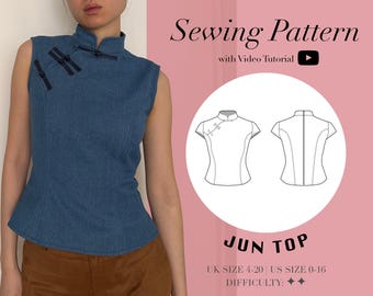 JUN Mandarin Collar Qipao Cheongsam Top PDF Sewing Pattern | Size UK4-20 US0-16 (Video Tutorial)