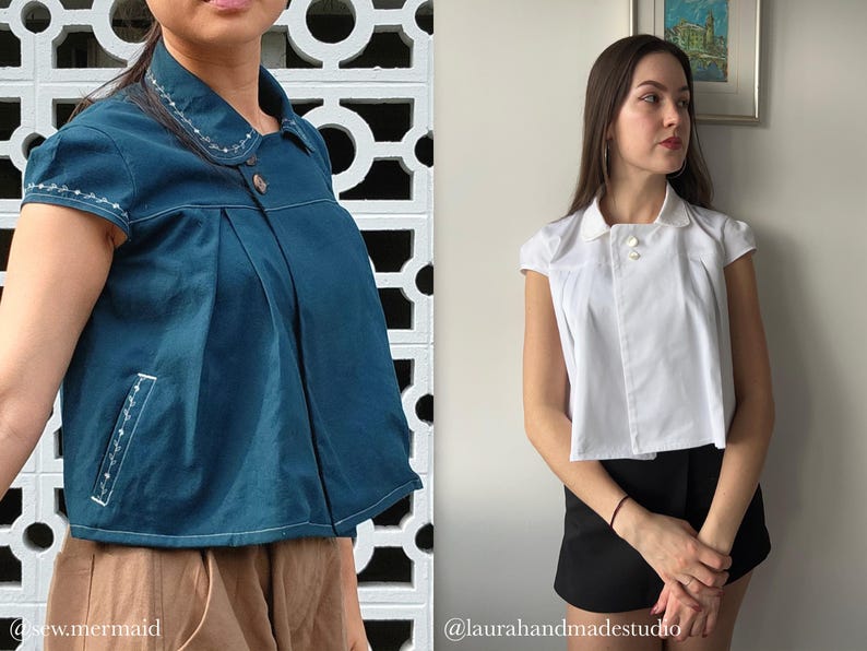 May include: Two short-sleeved blouses. One is teal with white embroidered details and a button closure. The other is white with a button closure. Both have a collared neckline. The teal blouse has the text "@sew.mermaid". The white blouse has the text "@laurahandmadestudio".