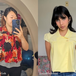 May include: Two women wearing different tops. One is wearing a black top with a floral pattern of red, orange, and white flowers. The other is wearing a yellow top with a white collar and a single button closure. The text "@StitchByGoh" and "@madebyrohini" are visible.