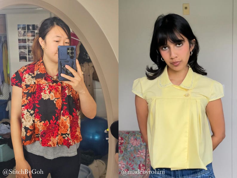 May include: Two women wearing different tops. One is wearing a black top with a floral pattern of red, orange, and white flowers. The other is wearing a yellow top with a white collar and a single button closure. The text "@StitchByGoh" and "@madebyrohini" are visible.