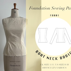 May include: A sewing pattern for a boat neck bodice. The pattern is for UK sizes 4-14 and US sizes 0-10. The difficulty level is listed as "various".