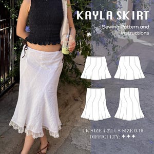 Puede incluir: Un patrón de costura e instrucciones para la falda Kayla, que presenta una falda midi blanca con un dobladillo de encaje. El gráfico incluye cuatro dibujos técnicos de líneas del diseño de la falda, con tallas UK 4-22 y US 0-18, y dificultad.