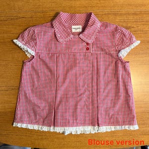 May include: A red and white gingham blouse with a Peter Pan collar and short sleeves. The blouse has white lace trim on the sleeves and hem. The label reads "MINA ZHAO". The words "Blouse version" are at the bottom.
