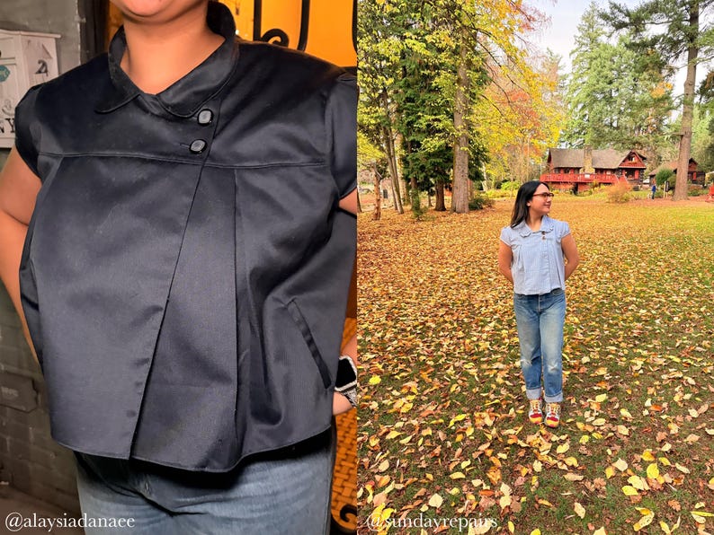 May include: A black, short-sleeved top with a collared neckline and two button closures. The top has a pleated design and a small pocket. The second image shows a person wearing a light blue top and jeans in a park.