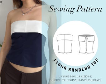 Bustier bandeau sin tirantes Fiona (elástico) / Tallas UK4-16 US0-12 / PATRÓN DE COSTURA PDF