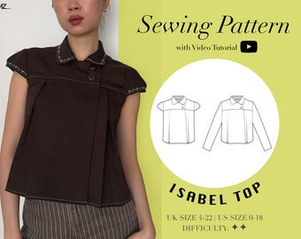 ISABEL Cap Sleeve Collar Top PDF Sewing Pattern | Size UK4-24 US0-20 (Video Tutorial)