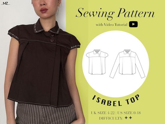 ISABEL Cap Sleeve Collar Top PDF Sewing Pattern | Size UK4-24 US0-20 (Video Tutorial)