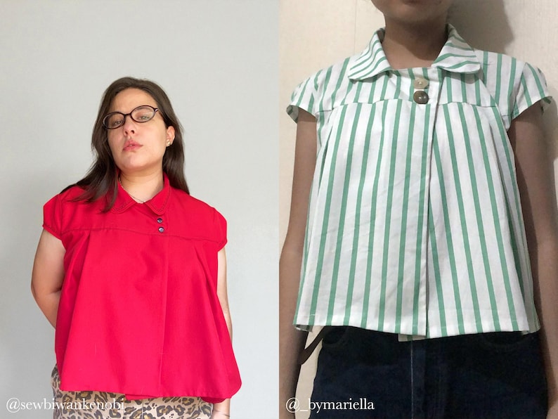 May include: Two short-sleeved tops are displayed. One is a vibrant red with a collar and button details. The other is white with vertical green stripes, also with a collar and button closure. Both tops have a vintage aesthetic.