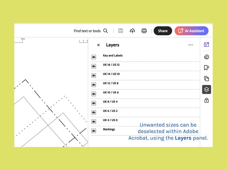 May include: Screenshot of an Adobe Acrobat window displaying "Layers" with size options like UK 16/US 12. Text states "Unwanted sizes can be deselected within Adobe Acrobat, using the Layers panel."