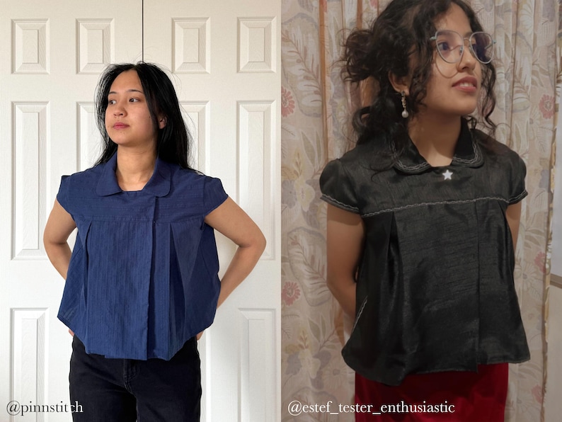 May include: Two short-sleeved tops. One is navy blue with a pleated front and a collar. The other is dark gray with a white star on the collar. Both tops have a similar design and are worn by individuals.
