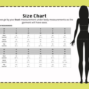 May include: A size chart with body measurements in inches and centimeters, including bust, waist, and hip sizes. The chart is displayed on a white background with a silhouette of a person on the right.