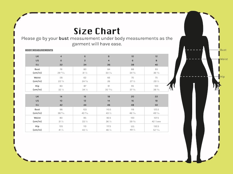 May include: A size chart with body measurements in inches and centimeters, including bust, waist, and hip sizes. The chart is displayed on a white background with a silhouette of a person on the right.