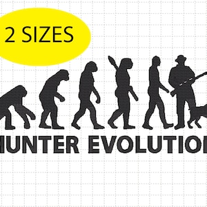 Könnte beinhalten: Schwarz-weiß-Illustration der Evolution eines Jägers, beginnend mit einem Affen und endend mit einem Jäger, der ein Gewehr und einen Hund hält. Der Text "HUNTER EVOLUTION" befindet sich unter der Illustration.