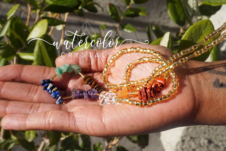 Custom Waist Beads traditional Chakra \u201cI Am WORTHY\u201d Waist Beads tie on or screw closure weight loss beads multicolored elastic