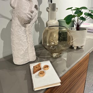 May include: A white ceramic sculpture of a face, a clear glass vase with a brown tint, a white ceramic planter with a green plant, and a white book with three wooden rings on top.