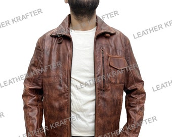 Men Cafe Racer Biker Motorcycle Distressed Brown Real Leather Jacket