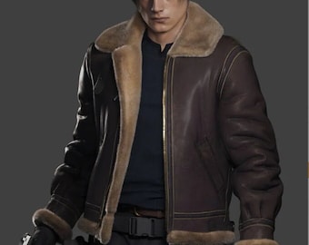 RE 4 Leon Scott Kennedy B3 Bomber Chaqueta de piel de vaca auténtica de piel sintética