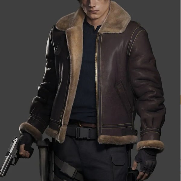 RE 4 Leon Scott Kennedy B3 Bomber Faux Fur Real Cowhide Leather Jacket