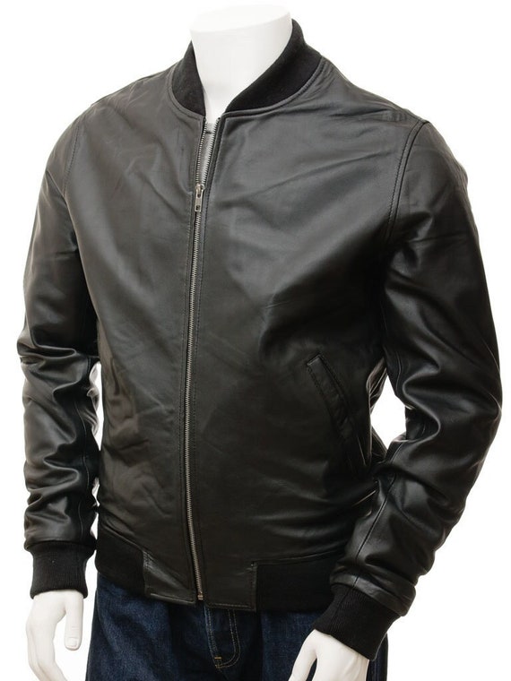 Mens Black Leather Bomber Jacket - Pacific | UK Leather Jackets