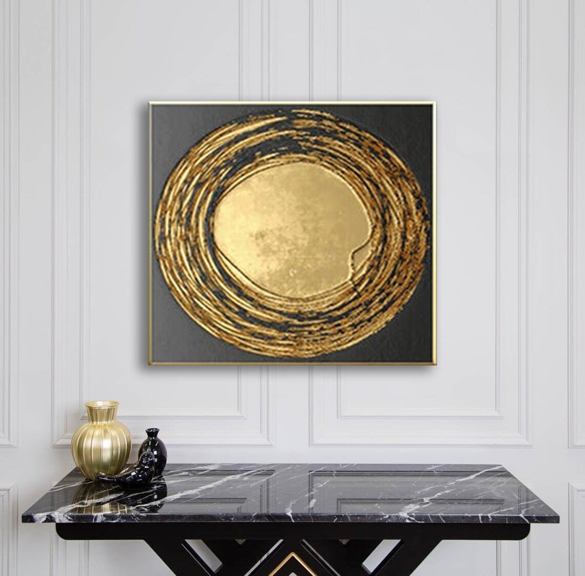 Abstract Canvas Painting Gold Black Modern Square Texture Etsy