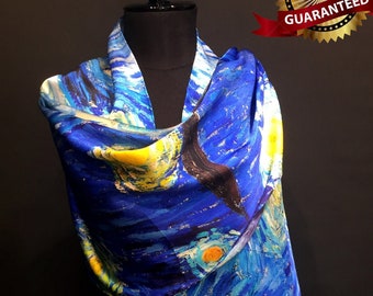 Haute qualité bleu Vincent van Gogh nuit étoilée pur écharpe de châle de soie pure foulard d’été