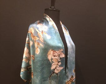 Mulberry pur sik foulard châle de haute qualité 12 momies van gogh almon fleur dessing. Couleurs bleues et blanches de fleur