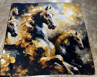 Horses big size pure mulberry silk shawl or scraf, high quality oversized  silk scarfi black, Yellow, gold and brown colours.