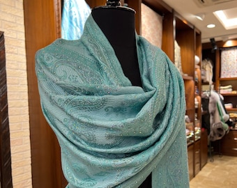 Luxury women  shawl, pure silk shawl in shades of water green completely hand embroidered with crystals, high quality silk wrap Quality gift