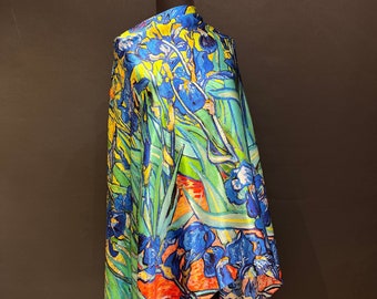 High quality big size -oversized pure mulberry silk scarf. Van gogh Irises in purple blue orange vibrant colors scarf