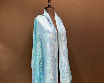 Handmade scarf, long silk shawl  ethnic pattern blue green and purple handloom scarves