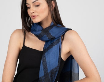 Light, thin big size navy blue scarf. Pure silk shawl