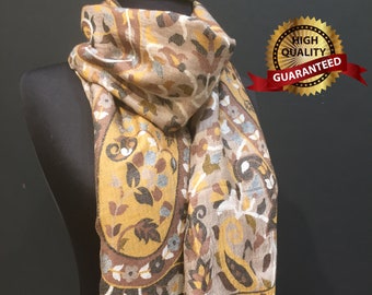 HANDMADE CASHMERE  soft SCARF Ethnic Full Design High Quality Hand Woven Natural bady on  brown yellow  colors pattern