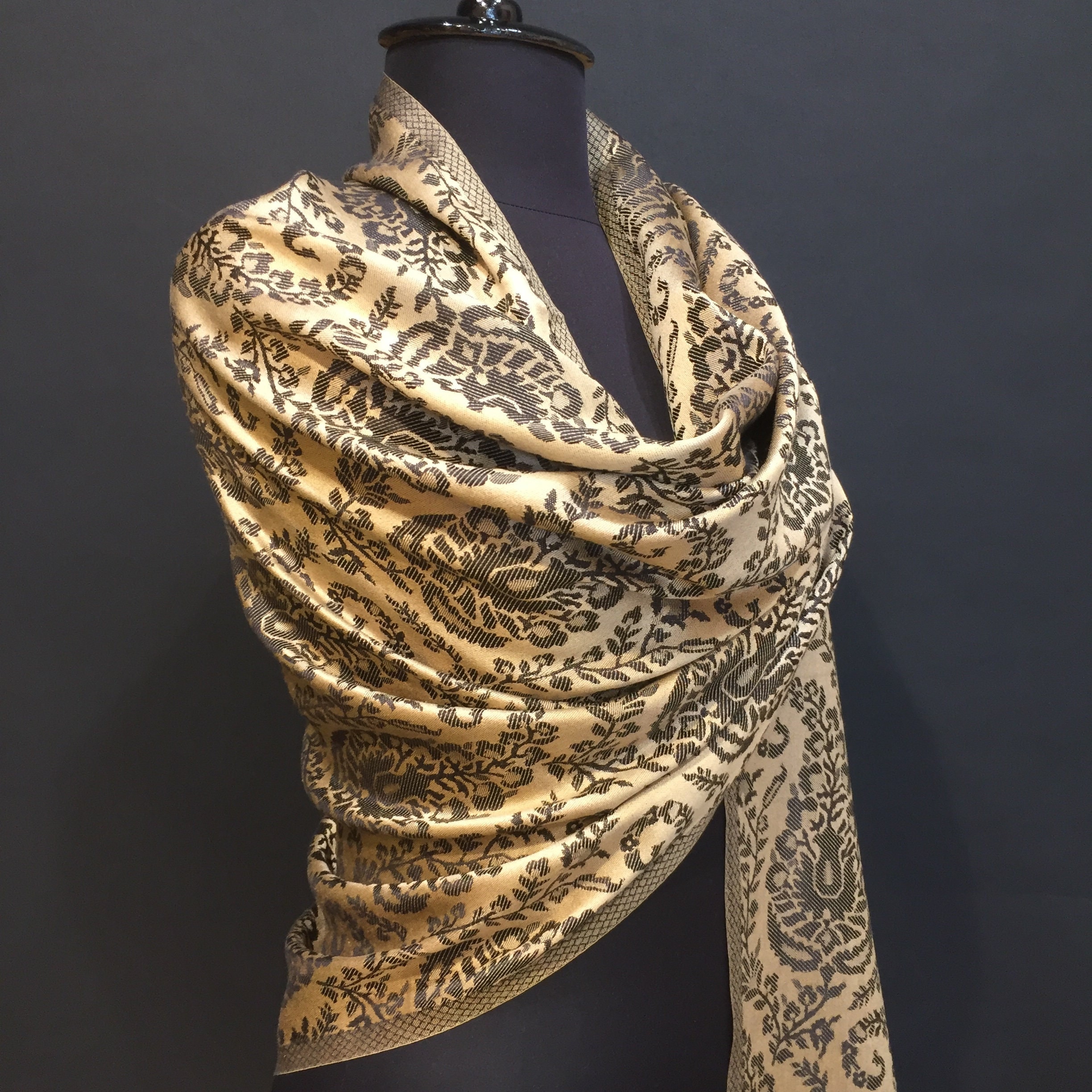 Double Sided Wool Silk Scarf in Burgundy, Blue, Mauve & Gold Yellow Paisley  with Geometric Pattern