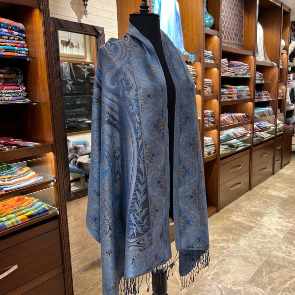 Handmade scarf, long silk shawl  ethnic pattern blue and brown handloom scarves